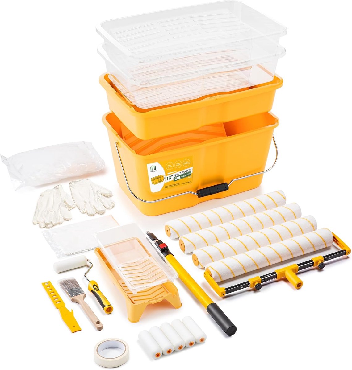 Thijox - Set met 28 Verfrollen, 45,7 cm, Emmer en Verfbak, 10,2 cm Schuimrol met 101,6 cm Verlengstang voor Schilderprojecten, Perfect voor Grote en K