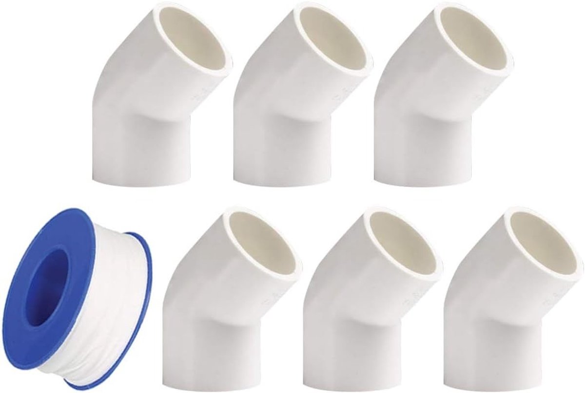 6-delige PVC buisconnectoren 20mm 45 graden hoek, kniestuk, doppen, waterleiding fittingen en sanitaire koppelingen met lijm tape