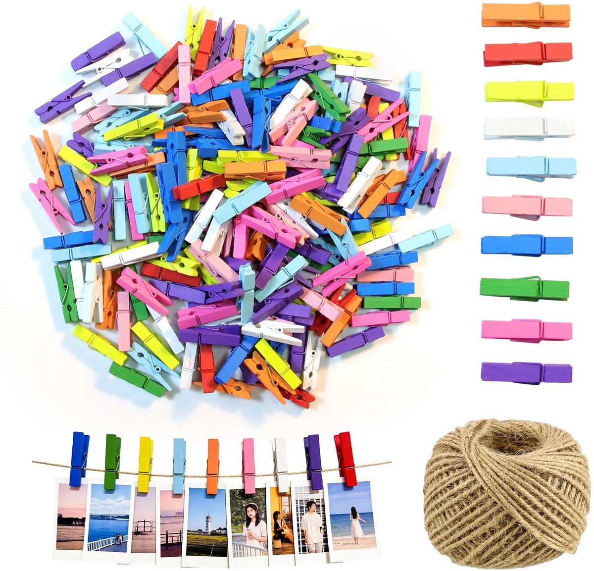 Dailygoods- Mini-houten Klemmen 200 Stuks - Kleine Wasknijpers - Jute Koord 30 m - Kleurrijke Fotoclipset - Robuust Hout - Veilig en Aangenaam Werken