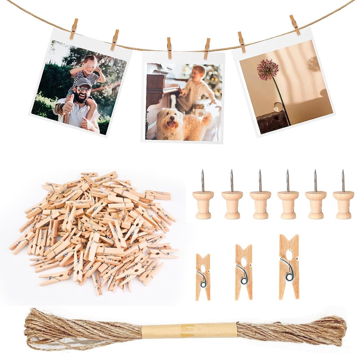 Dailygoods- Wasknijpers Houten - 160 Stuks - Kleine Clips 2.5/3/3.5cm - Jute Touw 10m - Spijkers - Creatieve Decoratie - Fotoclips