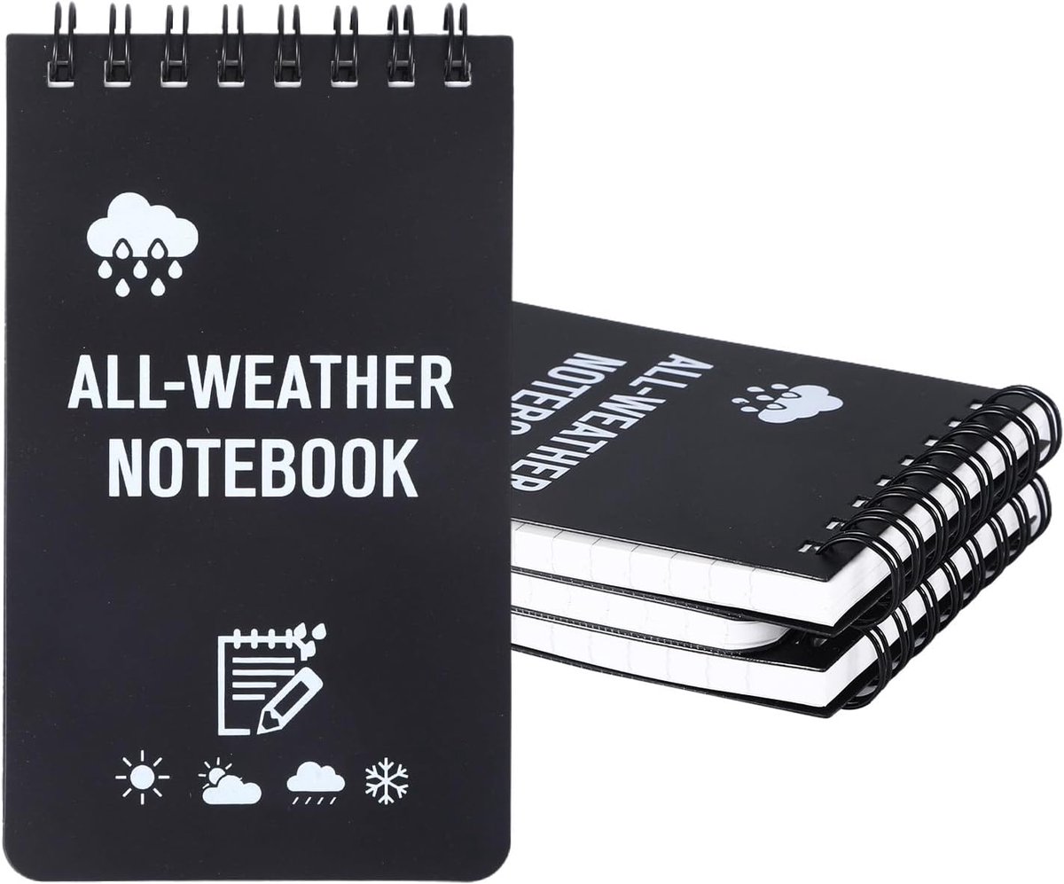 Thijox - 4 stuks zwarte waterdichte notitieboeken, draagbaar spiraalblok, klein all-weather notitieblok voor outdoor-activiteiten, tactisch notitieblo