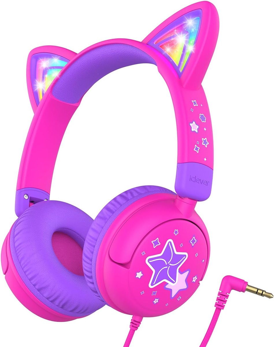 Thijox - Kids Hoofdtelefoon met LED Kat Oren - 85dBA Veilig Volume Peuter Hoofdtelefoon - Opvouwbare 3,5 mm Bedrade Stereo Hoofdtelefoon voor School,