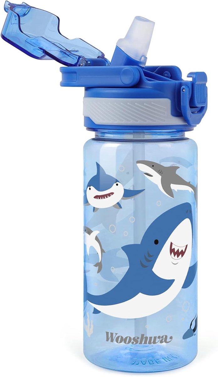 Thijox - Kinderwaterfles 480 ML met Siliconen Tuit en Pop-Up Deksel, BPA-vrij, Vaatwasmachinebestendig, Haai Ontwerp, Ideaal voor School, Sport en Bui