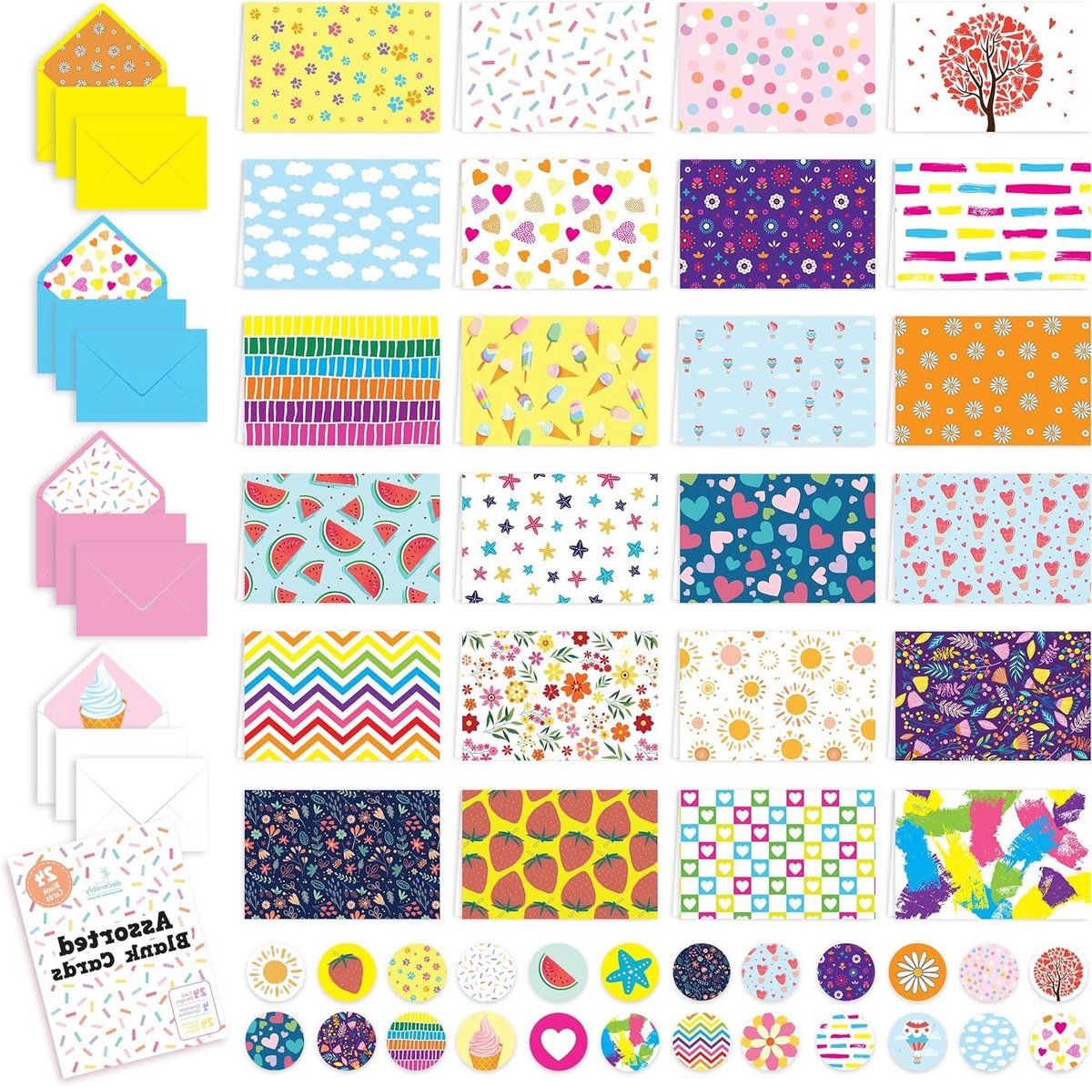 Blanco Kaarten Set - Notitiekaarten Enveloppen - Persoonlijke Boodschappen - 24 Unieke Ontwerpen - 15x10 cm 24 Stuks - Meerdere Kleuren
