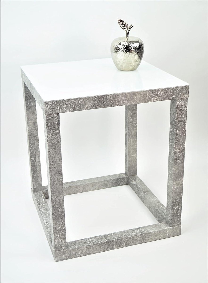 Bijzettafel Kubus - Decoratieve zuil - Woonkamer Decoratie - Betonlook frame - 40 x 40 x 60 cm - Wit glas