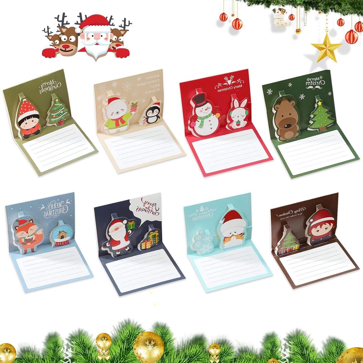 Kerstkaarten set - Wenskaarten met envelop - Feestelijke groeten - 12 unieke ontwerpen - 16 stuks - Multicolor