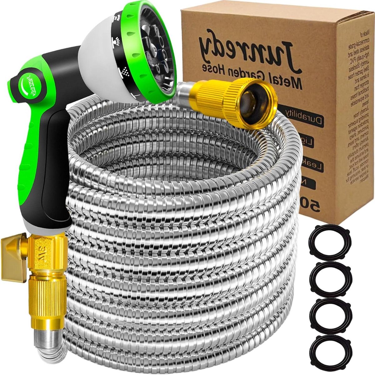 Roestvrijstalen tuinslang - Metalen waterslang - Gazon bewateren - Lichtgewicht en knikvrij - 50 voet lengte - Zilverkleurig