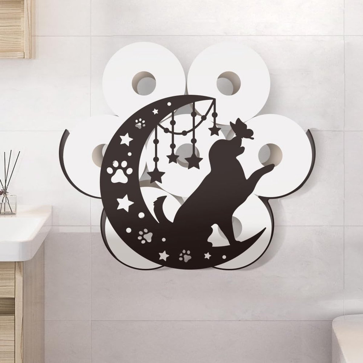 Boho Dog Moon Metalen Toiletpapierhouder - Schattige Decoratieve Opbergruimte voor 8 Rollen - Vrijstaande Organizer voor Badkamer en Toiletruimte