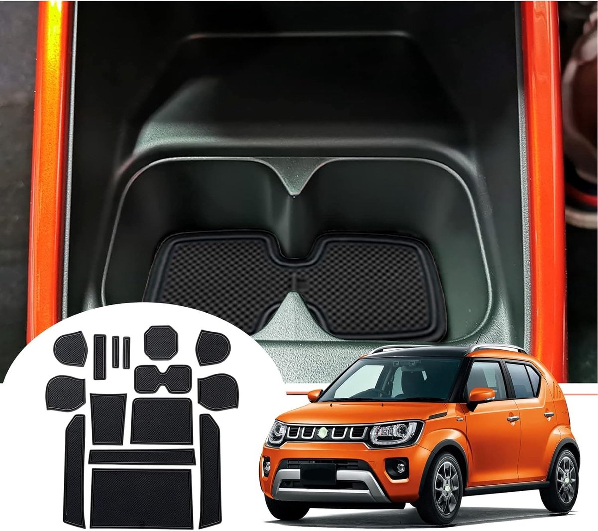 Non-slip rubberen matten voor de middenconsole van de Suzuki Ignis 2017-2025, cupholder en opbergbox accessoires (Zwart)