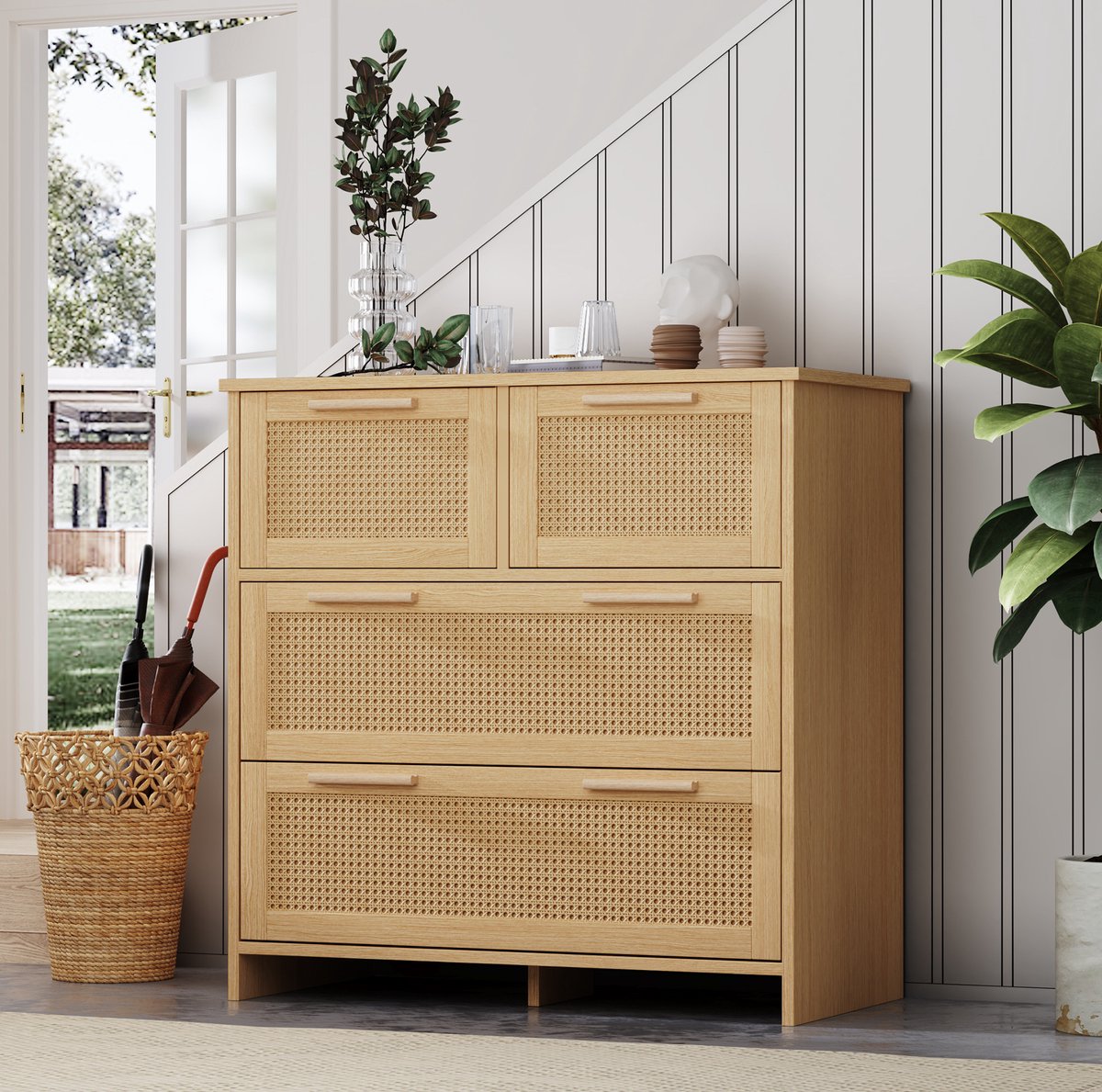 HAUSS SPOLE Dressoir Met 4 Laden - Natuurlijk Rotan Design En Massief Houten Grepen - Voor Slaapkamer Woonkamer Of Hal - MDF - 80x38x80 Cm - Naturel