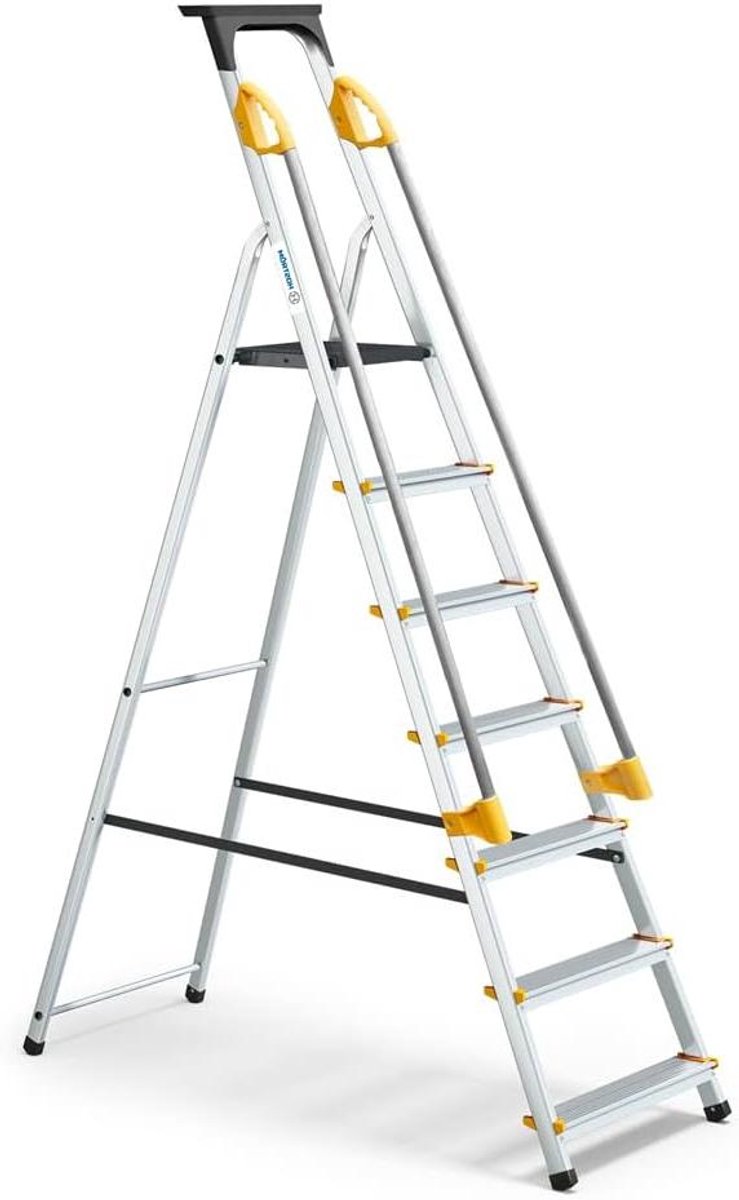 Trapladder met leuningen - Opvouwbare ladder - Veilig klussen - Gereedschapshouder - 7 treden - Grijs Geel