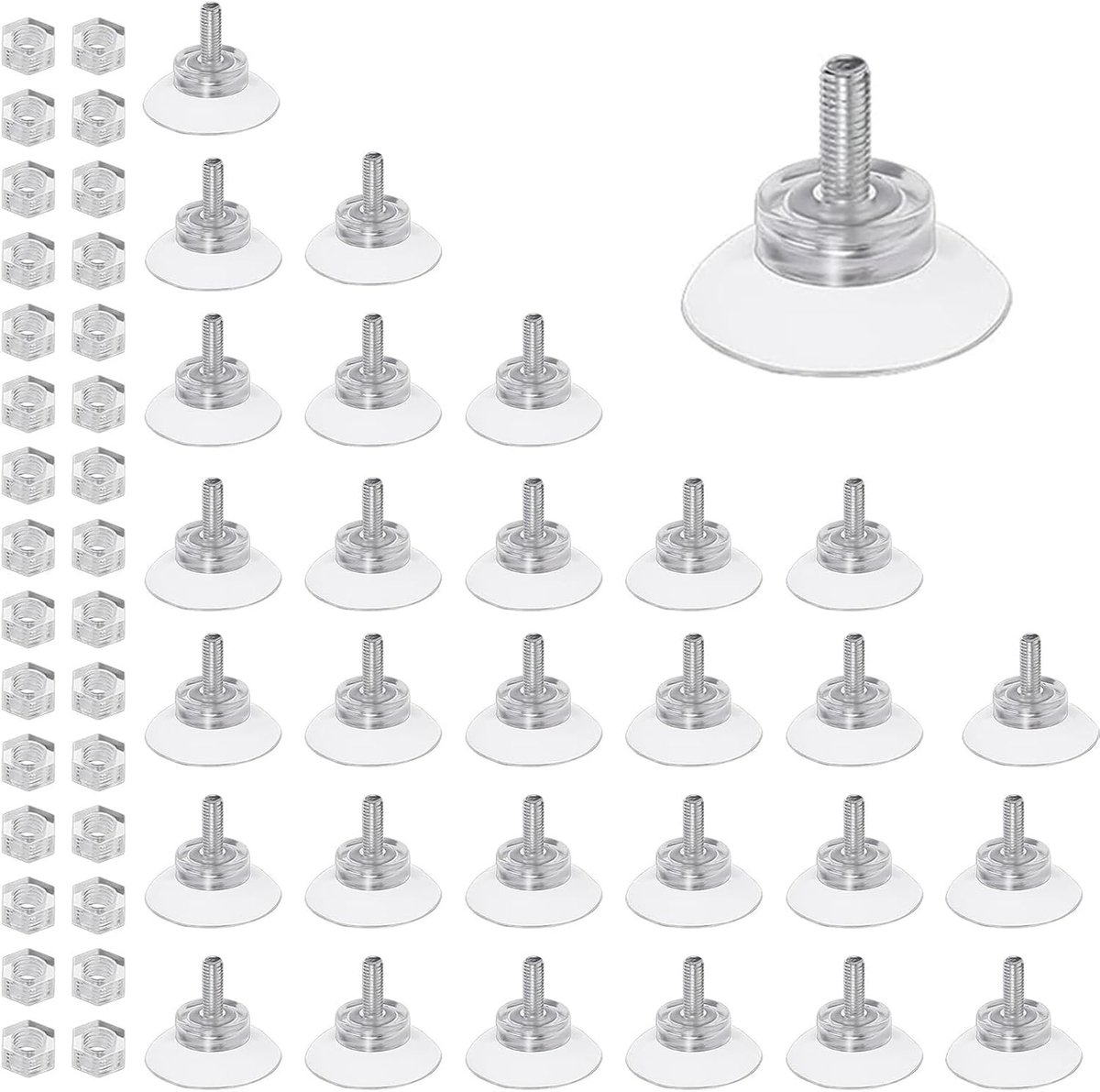 Set van 30 Transparante M5 Zuignappen met Draad en Moeren voor Glas, Tegels en Spiegels (35 mm diameter)