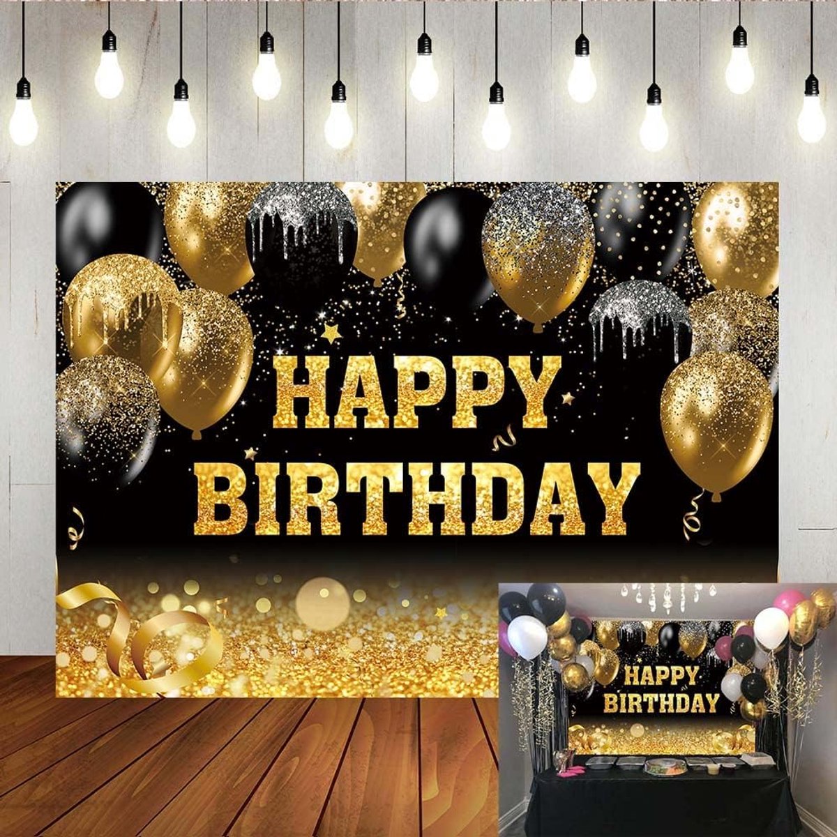 SnelShoppen - Zwart Gouden Verjaardag Achtergrond, Gouden Glitter Vlekken Ballon met Bokeh Fotografie Achtergrond voor Volwassenen Verjaardag Tafel Wa