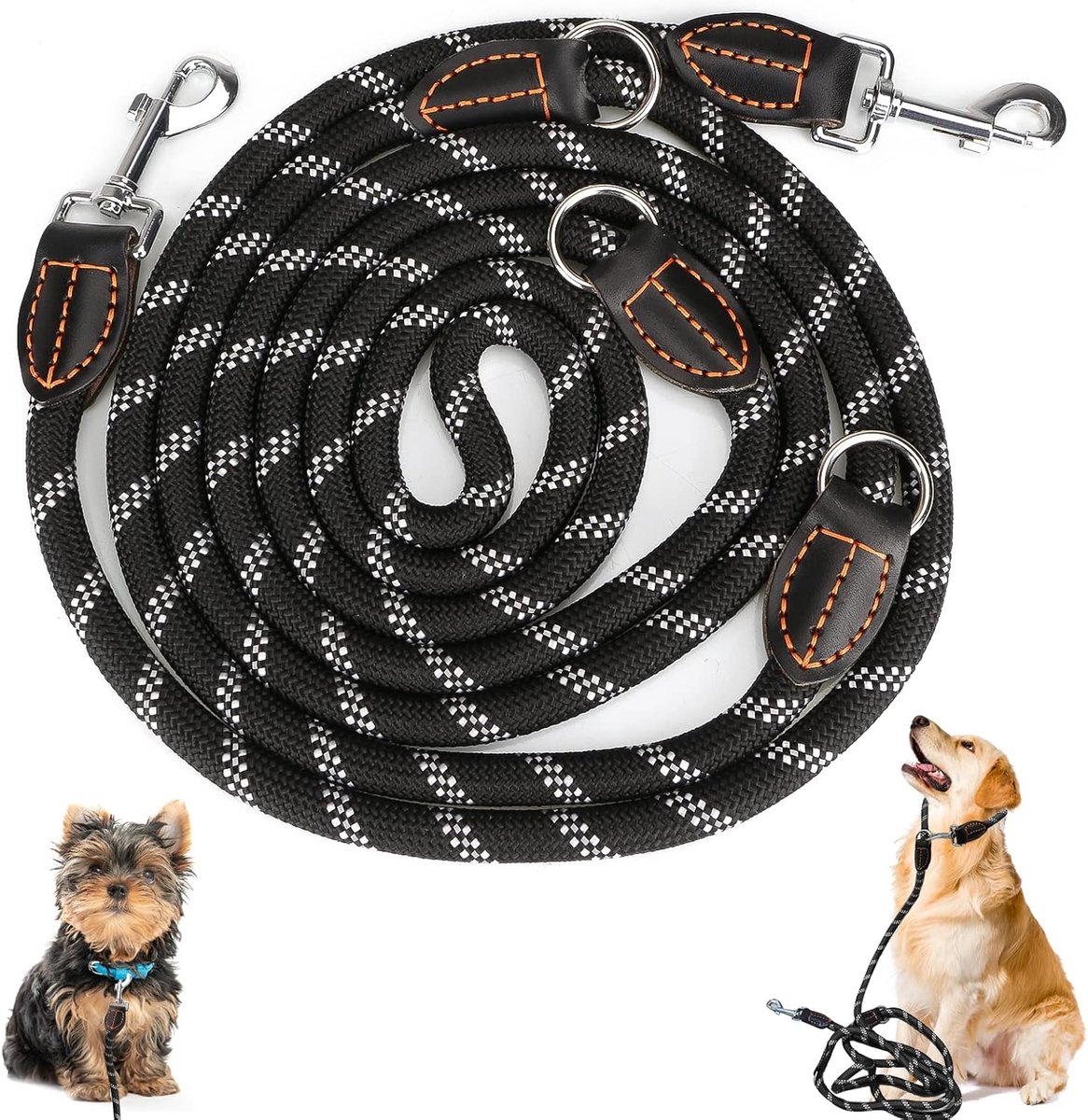 Thijox - Hondenriem voor Grote en Middelgrote Honden - Verstelbare Dubbele Nylon Hondenriem met 2 Karabijnhaken en 3 Ringen - 3m x 15mm - Zwart - Idea