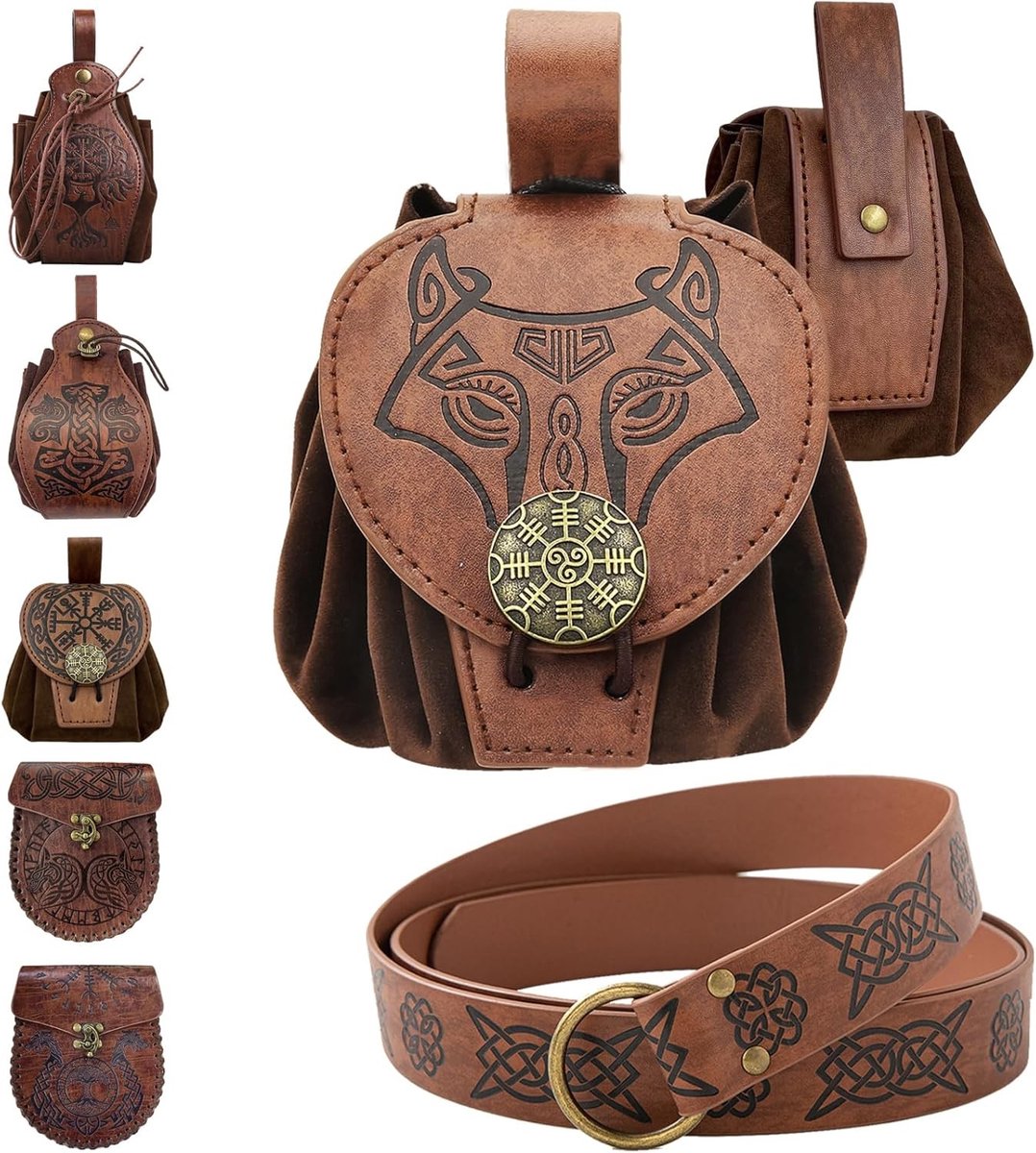 Medieval Belt en Tas van Faux Leer in Hippie Stijl voor Kostuums en Rollen Spelen voor Mannen en Vrouwen - Bruin, Vintage, Renaissance