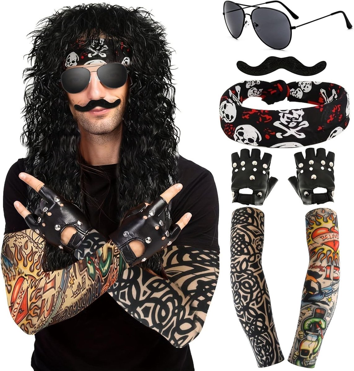 1980s Kostuumaccessoires voor Mannen - Set van 5 Perücken, Vokuhila, Disco en Punk Hippie Stijl voor Carnaval en Feestjes