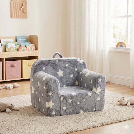MIVRAY Kinderfauteuil 64 x 49 x 49 cm - Met Armleuningen, Draaggreep en Afneembare Hoes - Voor Slaapkamer en Speelhoek - Stof Grijs Met Sterren van MIVRAY — afbeelding 2