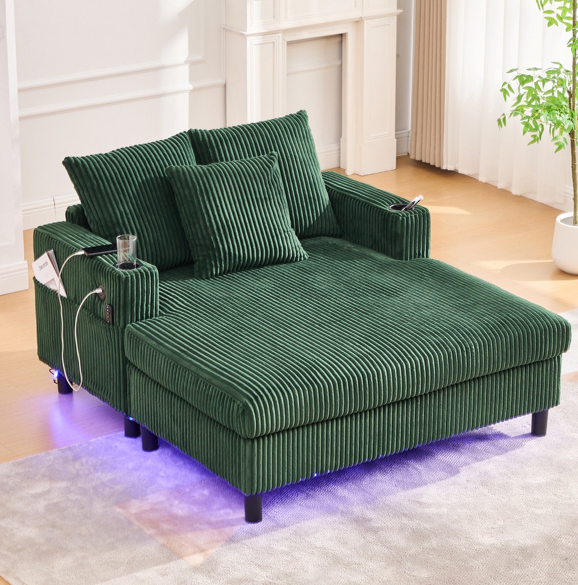 HAUSS SPOLE Chaise Longue - Loungesofa Met USB, Bekerhouders En Ledverlichting - Voor Woonkamer En Slaapkamer - Ribstof Groen