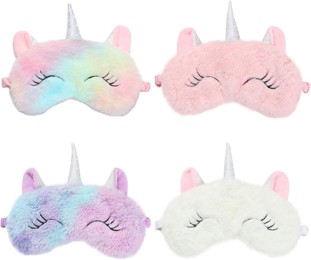 Thijox - Set van 4 Oogmaskers voor Kinderen - Ultrafijne en Comfortabele Slaapmaskers - Schattige Eenhoorn Pluche - Blokkeert Licht voor Duts of Reize
