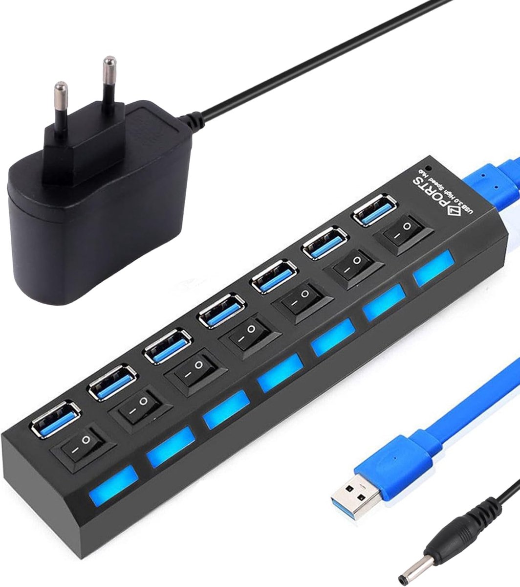 SnelShoppen - USB Hub 7 Poort Draagbare USB-Verdeler 3.0 met LED-Schakelaars voor Laptop, PC en Meer - 7-in-1 Hubs voor USB Apparaten, Harde Schijven