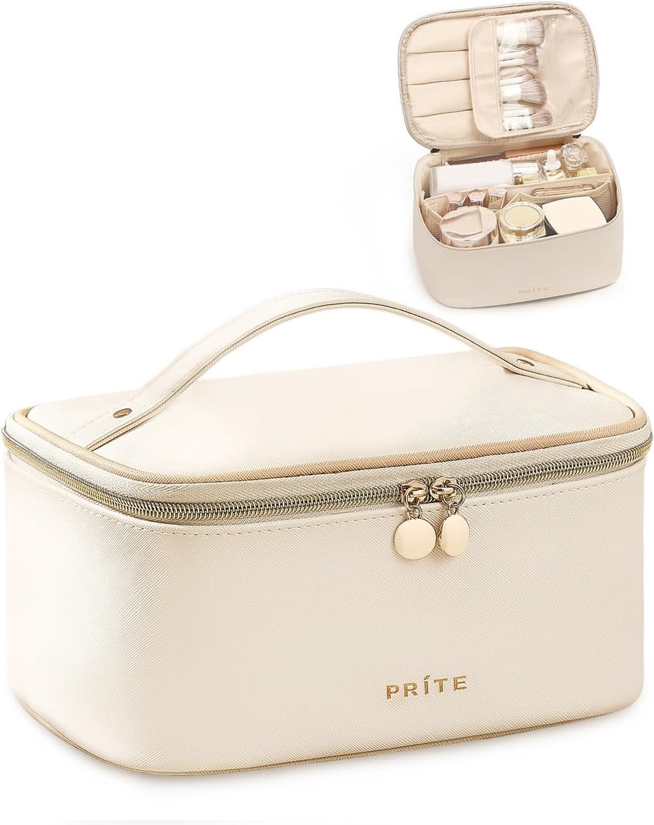 SnelShoppen - Grote Cosmetica Tas voor Vrouwen, Reistasje, Make-up Organizer, Waterdichte Leren Toilettas, Beige, met Handvat en Verwijderbare Divider