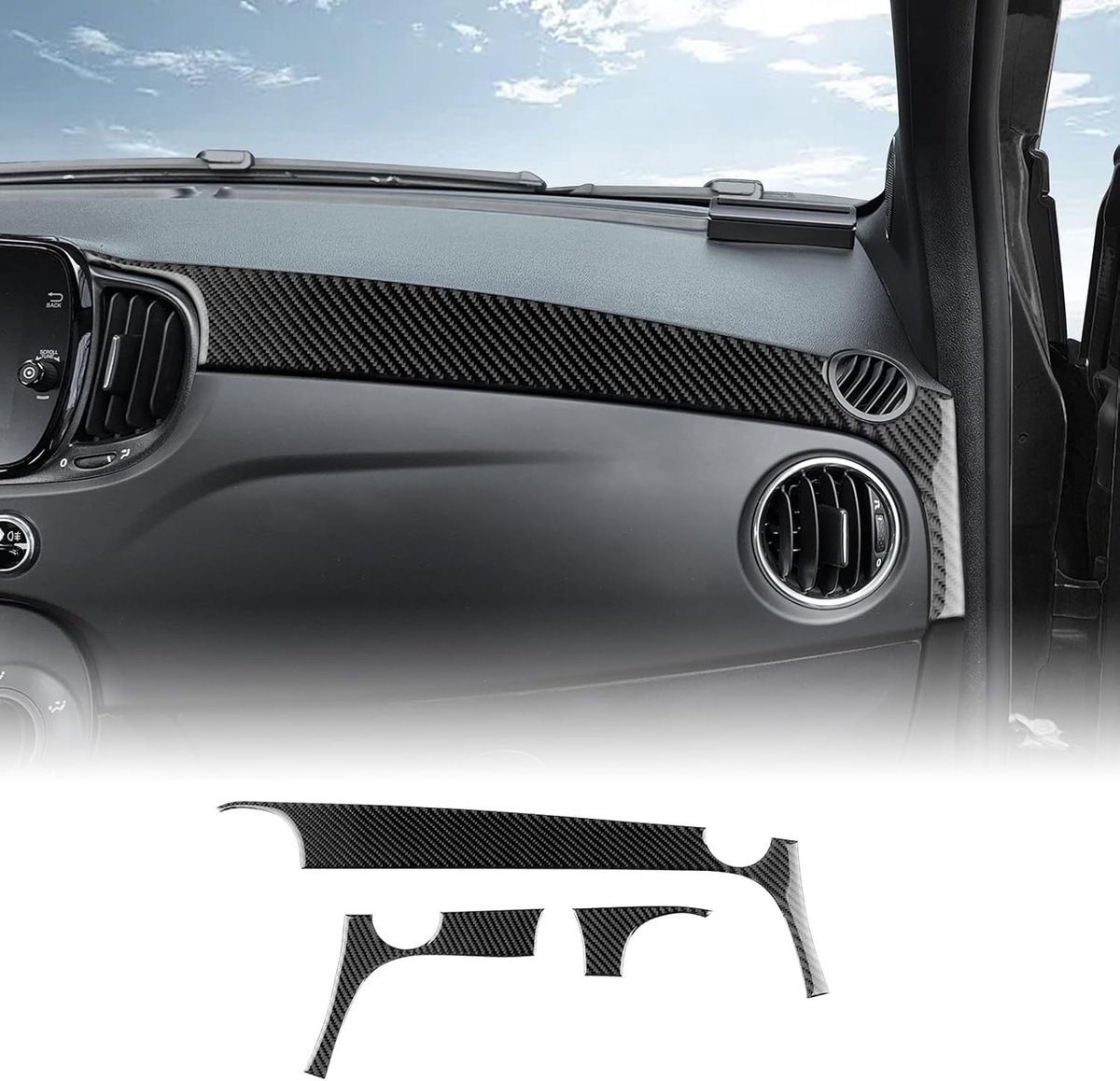 Center Console Dashboard Trim Carbon Fiber Sticker voor Fiat 500/500C Abarth 2016-2024, Interieur Accessoires, Zwart, Verfraai je Auto