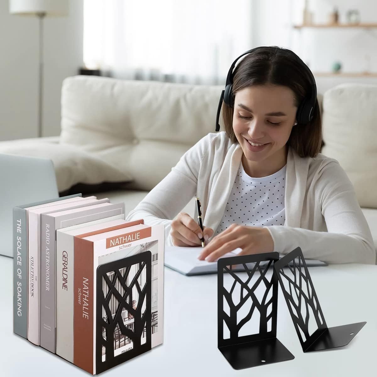 Stijlvolle metalen boekensteunen voor boekenplank, antislip boekhouder, perfect voor school, thuis en kantoor, zwart