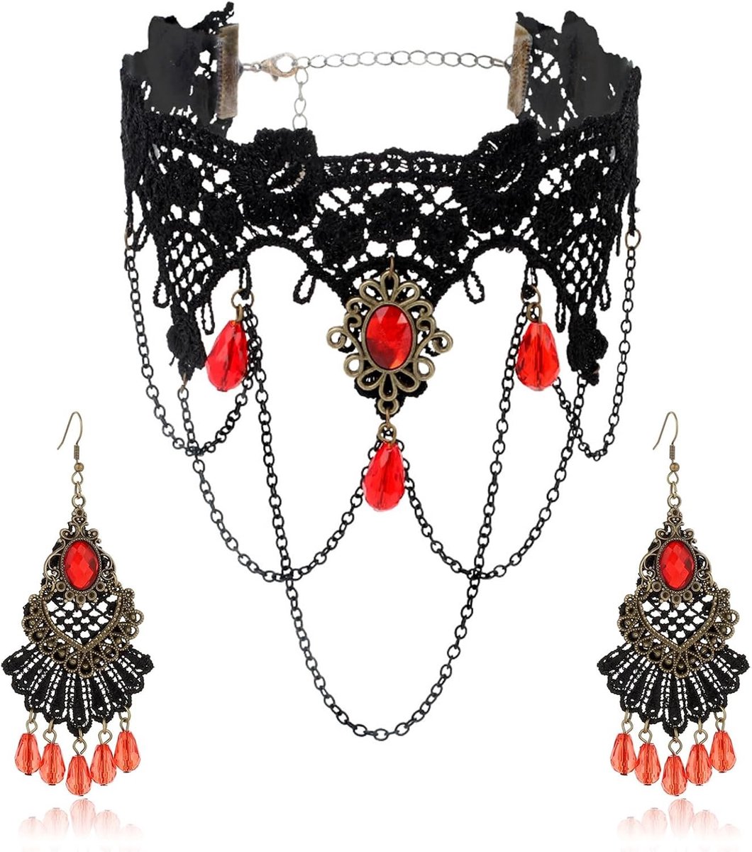 Gothic choker en oorbellen set met zwarte en rode kristallen, vintage accessoires voor Halloween en vampierkostuums