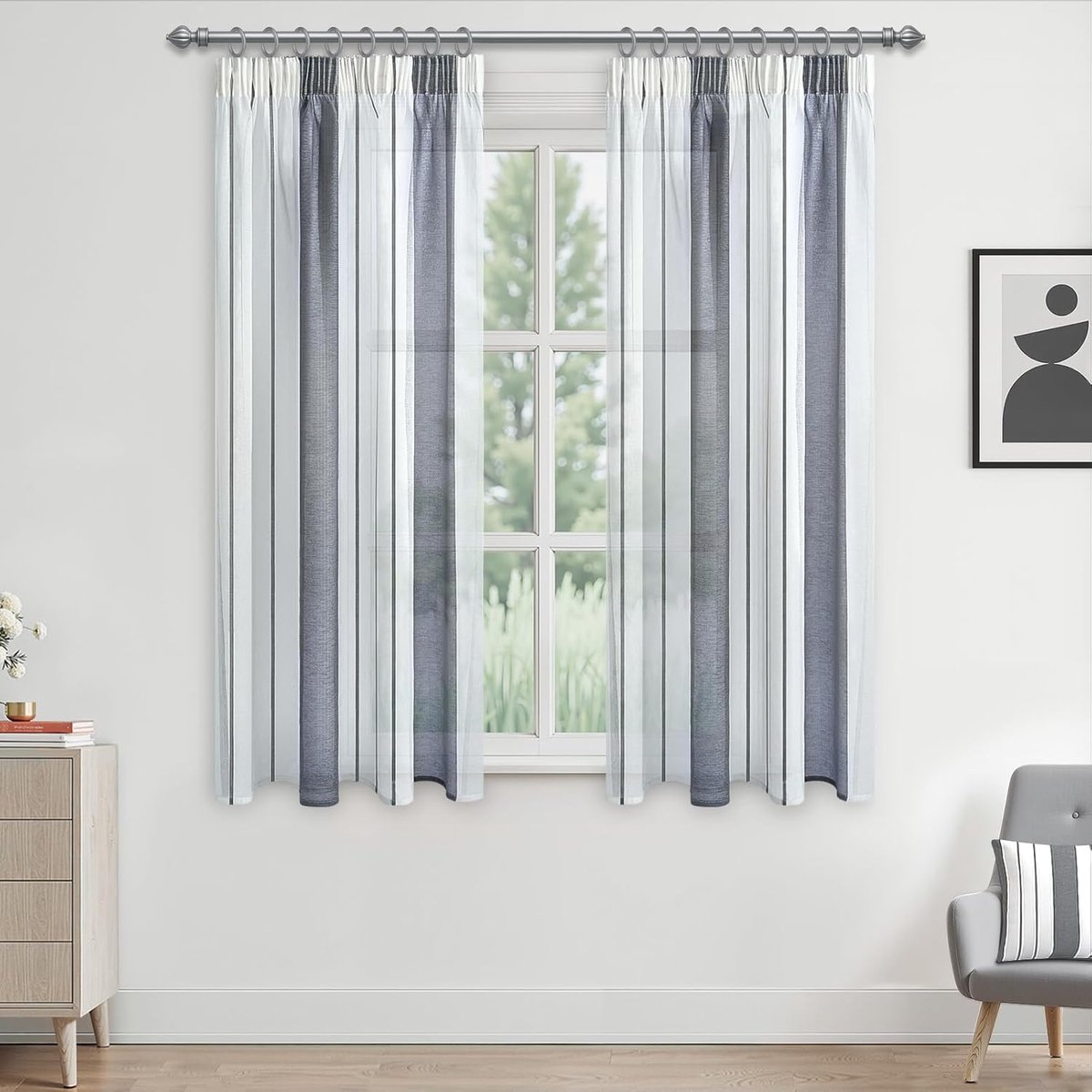 Gordijn Keuken Stores Gordijnen Kort Grijs en Wit Gordijnen Voile Semi-Transparante Gordijnen met Roezel Band Set van 2 160 x 140 cm Raamgordijnen Gestreept