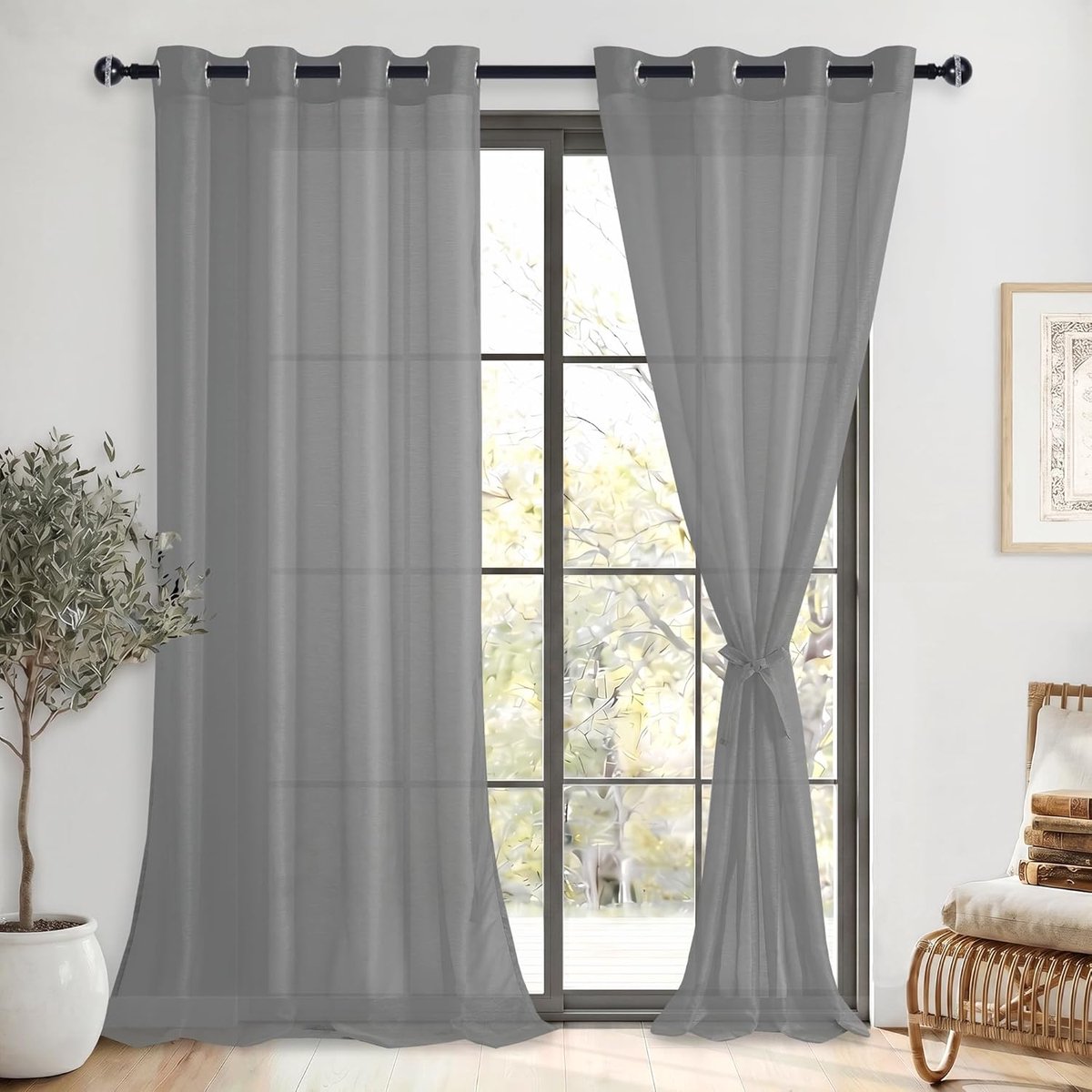 Set van 2 gordijnen, wit gordijn met inslagringen, transparante gordijnen, witte voile, gordijnen met ringen, transparante gordijnen met gordijnstropdassen, donkergrijs, 240 x 140 cm (H x B)