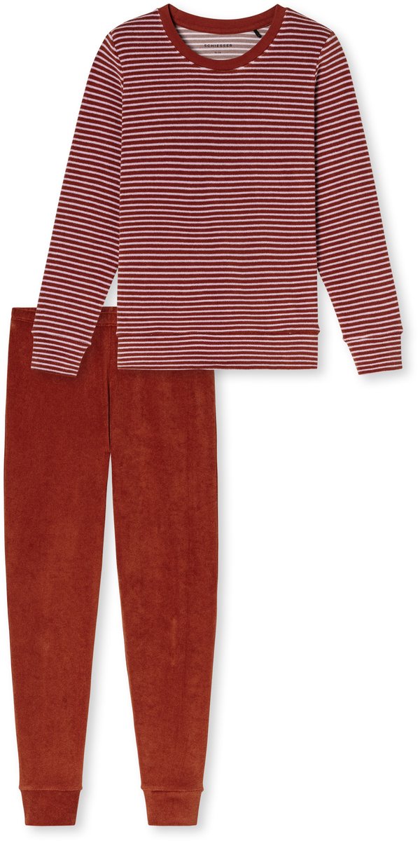 Schiesser dames Casual Essentials lange pyjama van frottee met manchetten met streepjes - gebakkenbaksteen dessin gebakken baksteen