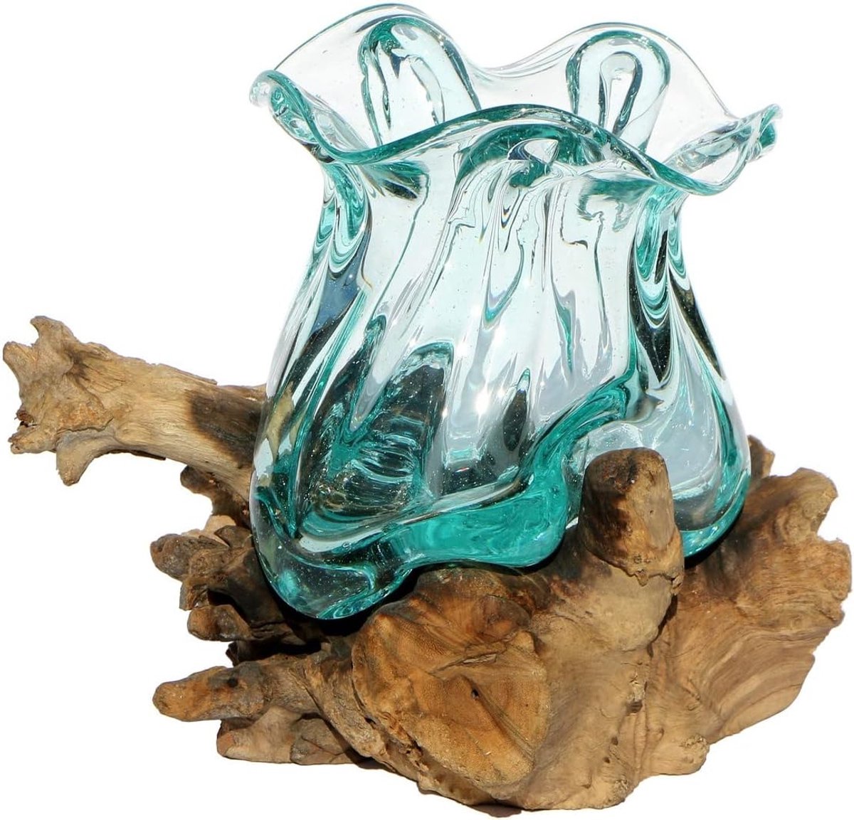decoratie woning gamal wortelhout glazen vaas teakhout handgemaakte vaas (Ø glas 12-14 cm Pott M)