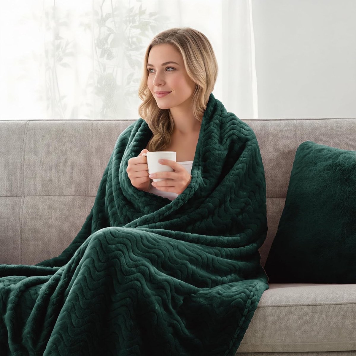 Mezcla King Size Jacquard Weave Wave Patroon Flanel Fleece Fluwelen Pluche Bed Deken als Sprei/Coverlet/Bed Cover (230x265cm, Bosgroen) - Zacht, Lichtgewicht, Warm en Gezellig
