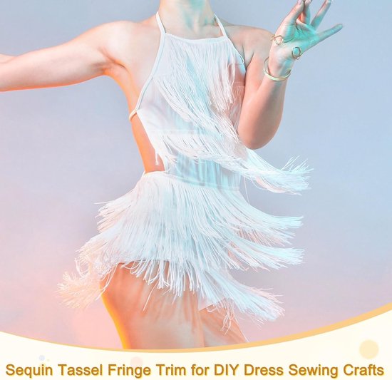 METERXITY 1 Yard Pailletten Kwastje Fringe Trim 4 "Sprankelend Polyester Franje Trim Lint Boho Kant Naaien Trimmen voor Latijnse Jurk/Rok/DIY Naaien Ambachten [Blauw] — afbeelding 5