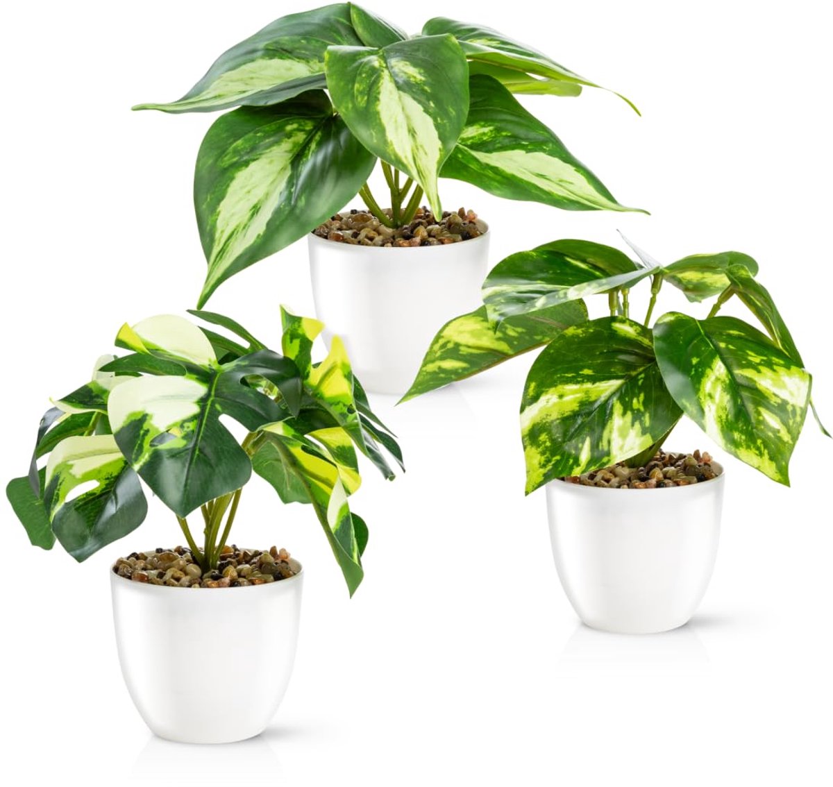 Set van 3 kunstplanten als echt (18 cm) in onbreekbare melamine potten, kunstplanten in pot, kunstplanten in pot, kunstbloemen fake plant