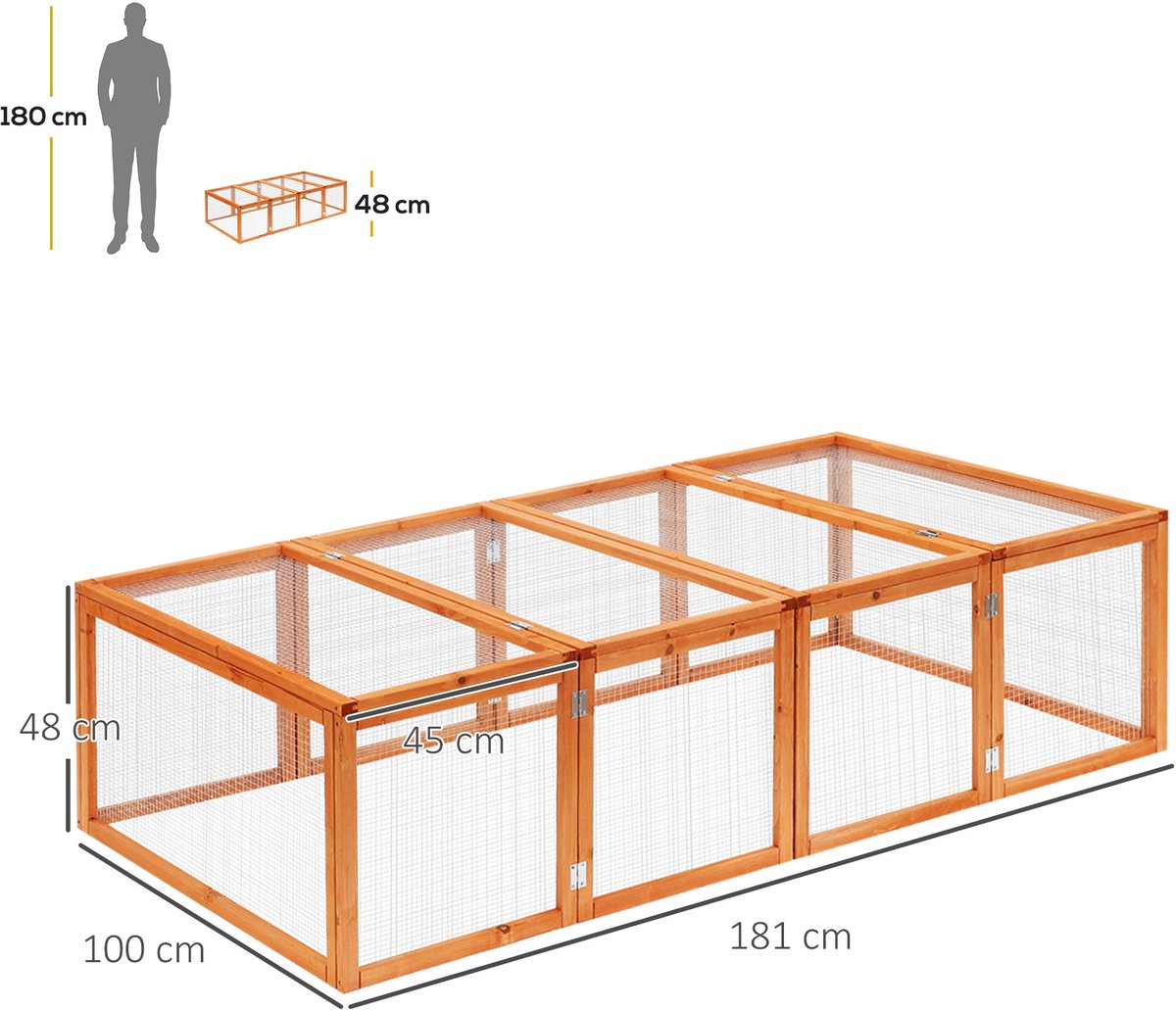 QUANTRIX LEAP S.R.L. MEUNIQ Freilaufgehege voor knaagdieren 181 x 100 x 48 cm met 2 openklapbare deksels, houten ren met gaas voor buiten en tuin, naturel thumbnail 5