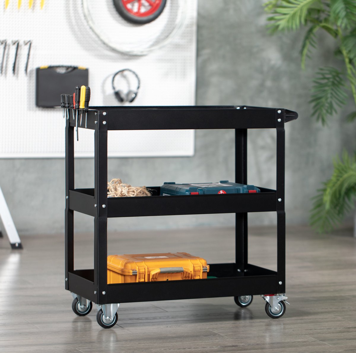 MEUNIQ gereedschapskar 83 x 35,3 x 76 cm staal met 3 niveaus, 4 zwenkwielen en zijgreep, max. 150 kg, open opbergwagen voor garage, werkplaats en magazijn, zwart