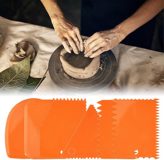 6-delige plastic kleikrabber, deegkrabber, taartkrabber, getande spatel, taartglansmiddel en deegspatelset voor het maken van taarten, gebak, glazuur en chocolade (oranje) — afbeelding 4