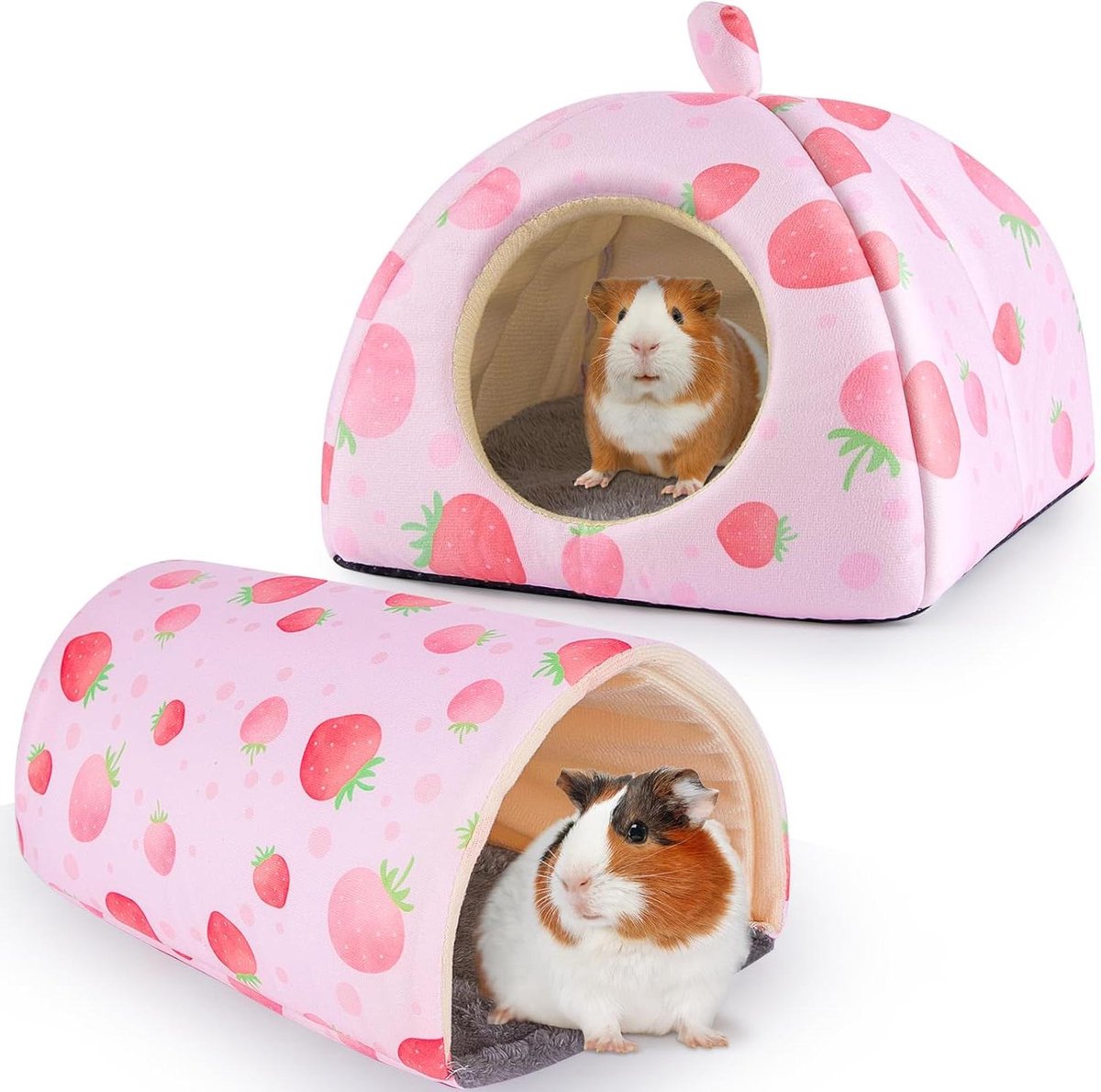Dierenhuis en Tunnel - Knus Nestje - Kleine Dieren - Wasbaar Ontwerp - 31 cm Tunnel - Roze Aardbei