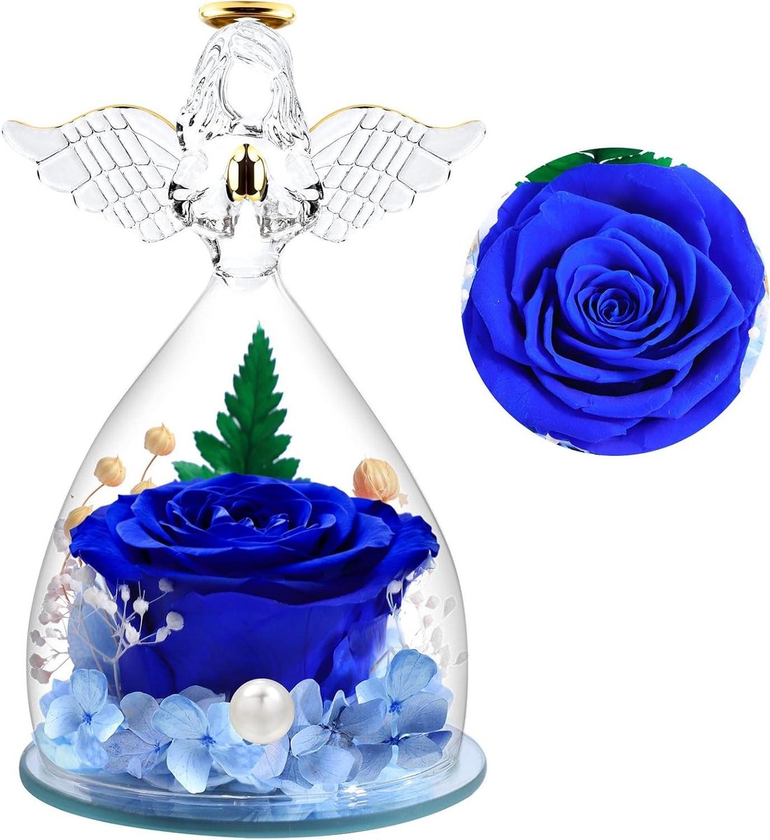 Eeuwige Roos Engel - Bloem Decoratie - Cadeau Geven - Echte Roos Glas - 13x12x13 cm - Blauw