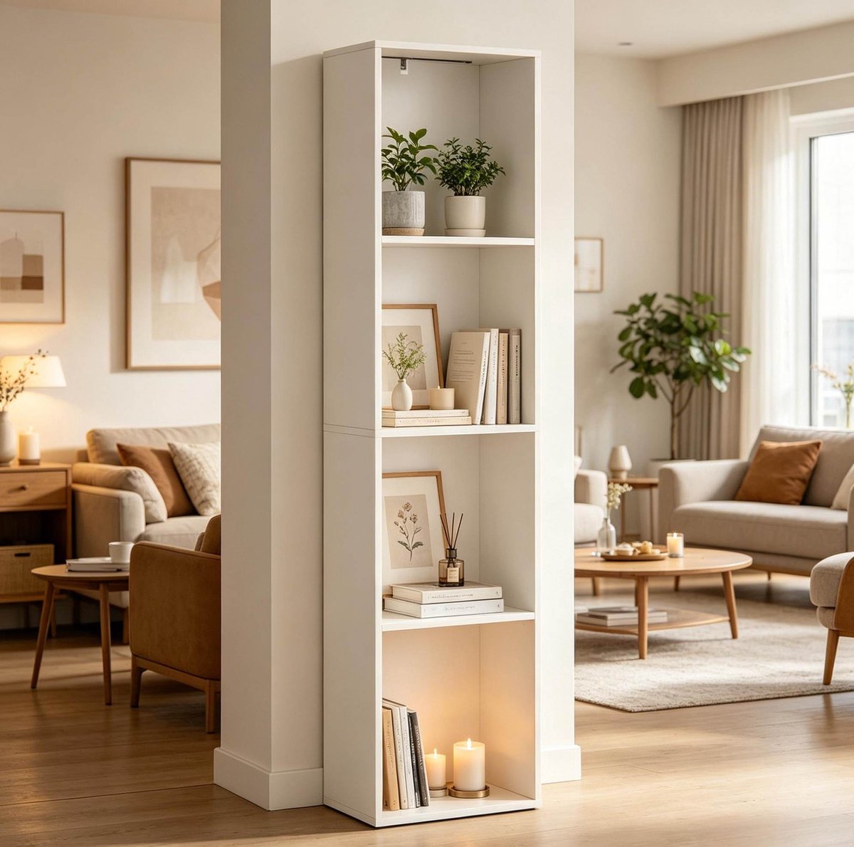 Boekenkast Smal Staand Met 4 Vakken En RGB Verlichting 40 X 29 X 170 Cm Wit E1 Spanplaat Voor Woonkamer Slaapkamer En Werkkamer