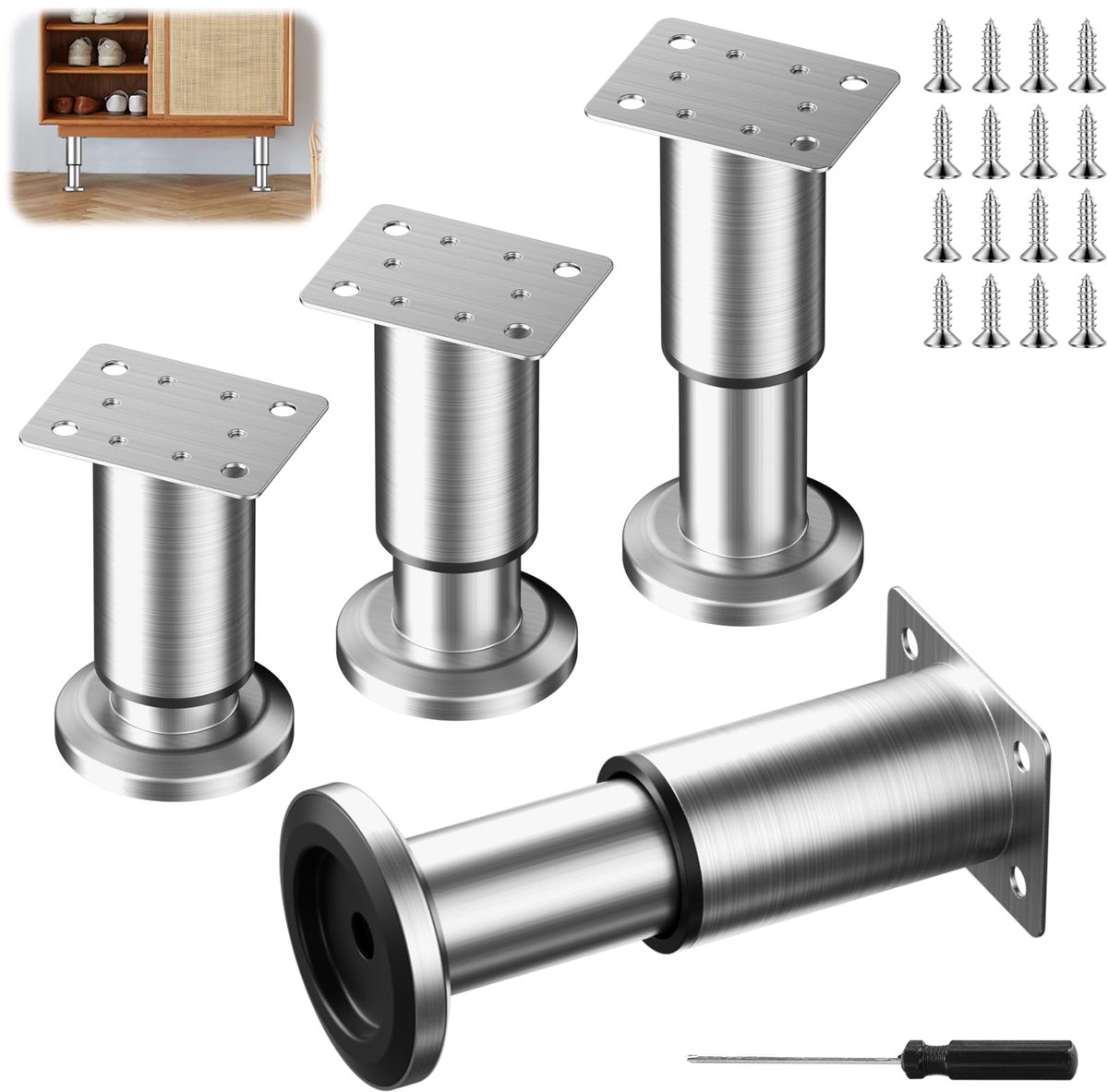 4 stuks metalen zilveren meubelpoten, tafelpoten met schroeven, 8-12 cm, meubelpoten, verstelbare bedpoten, verstelbare steunpoten voor meubels, bank, bed (Ø 38 mm, roestvrij staal)