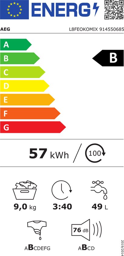 Energie-efficiëntielabel met AEG en model L8FEOKOMIX. Energieklasse B. 57 kWh/100 cycli, 9kg capaciteit, 3:40 uur programmaduur, 49L waterverbruik, 76 dB geluidsniveau.