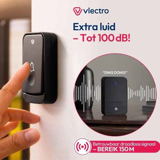 Hand drukt op draadloze deurbel met 'DING DONG!' tekst erbij, extra luid tot 100 dB.