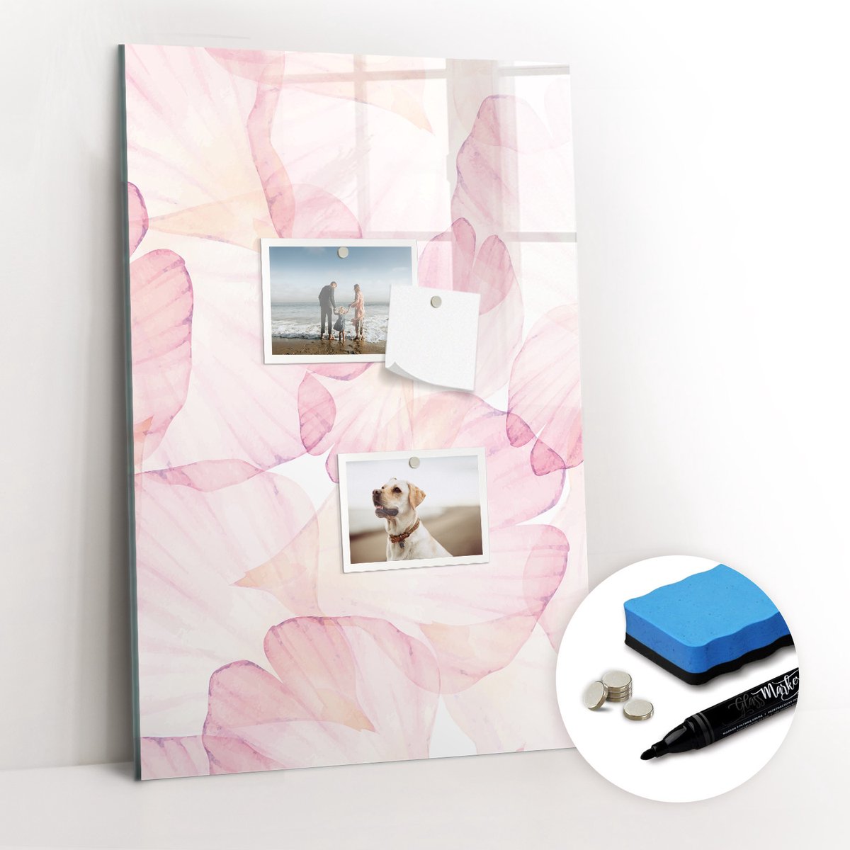Tulup Whitebord - Aquarel bloemblaadjes - 40 x 60 cm - Roze Magneetbord Design - Gratis 5 Sterke Magneten + Whiteboard Marker & Wisser - Organizer Muur - Magneetbord Design - Planning Muur