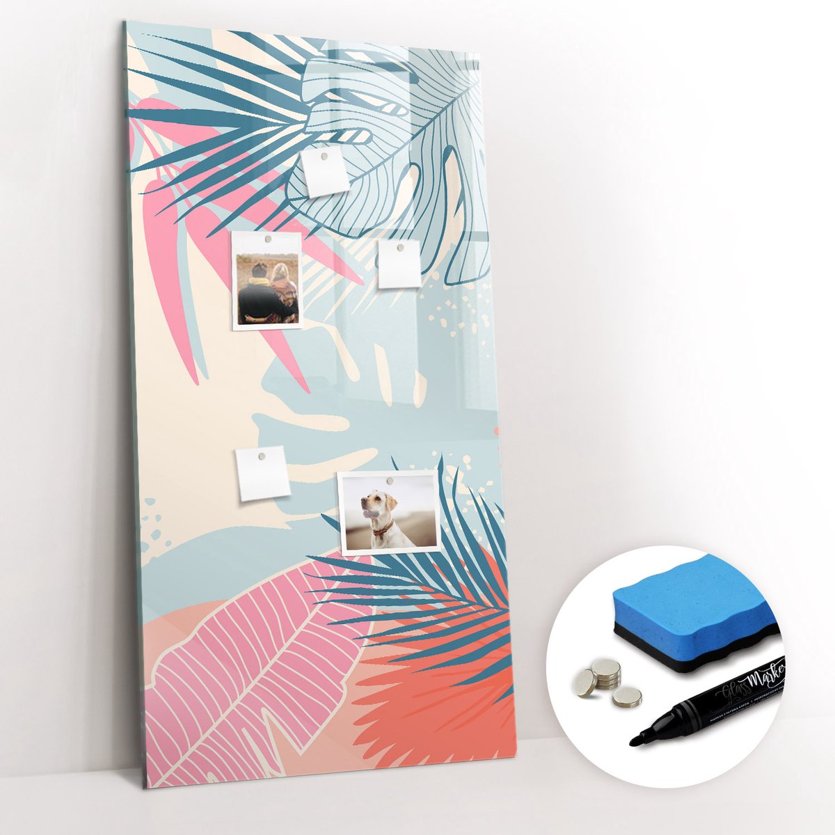 Tulup Whitebord - Pastelkleurige bladeren - 60 x 120 cm - Veelkleurig Memobord Keuken - Gratis 5 Sterke Magneten + Whiteboard Marker & Wisser - Design Memobord - Memobord Magnetisch - Productiviteit Tools