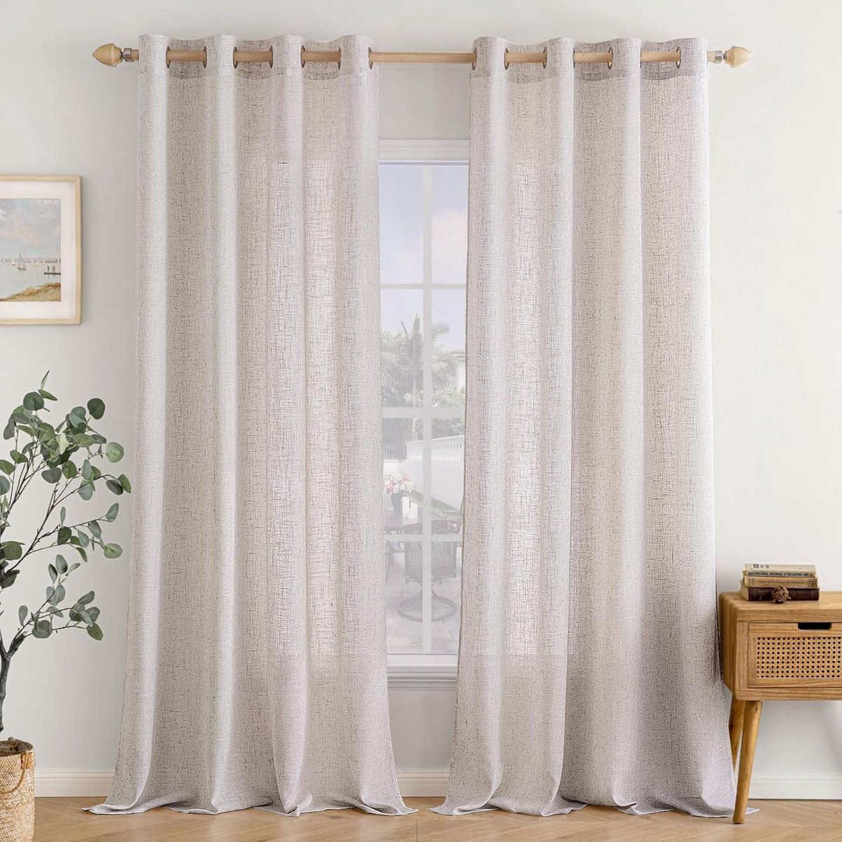 Gordijnen, linnen, gordijn met oogjes, voile, linnenlook, modern, semi-transparant, voor woonkamer, decoratief, kinderkamer, lusgordijn, keukengordijnen, set van 2, 140 x 300 cm (b x h), wit
