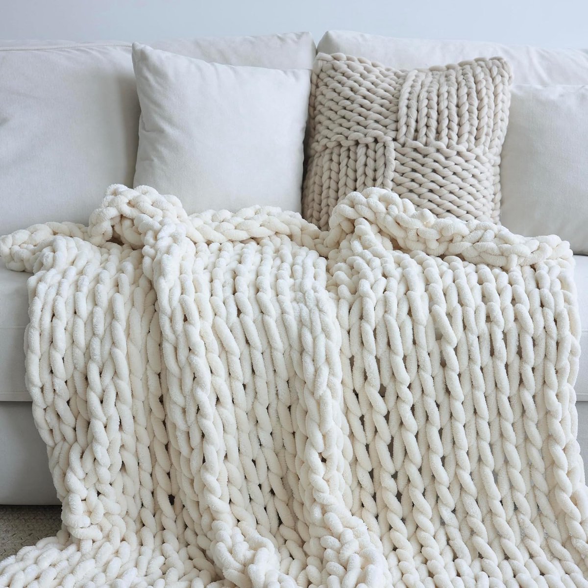 Chenille Grof gebreide deken (102 x 132 cm), handgemaakte warme en gezellige deken, bed, woondecoratie, zacht ademend fleece banket, Kerstmis dikke en gigantische garenworpen, crème