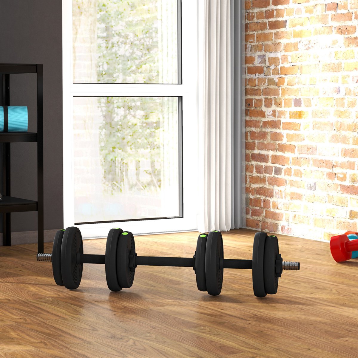 MEUNIQ 2-in-1 verstelbare halterset 15 kg met halters en lange halterstang, antislip greep, kunststof gecoate schijven voor krachttraining en fitness