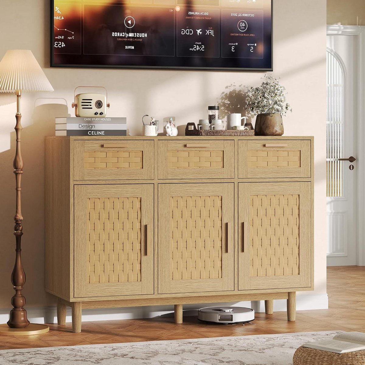 Rotan Dressoir - Opbergkast - Woonkamer Inrichting - Natuurlijke Accent - 108x40x80 cm - Eiken